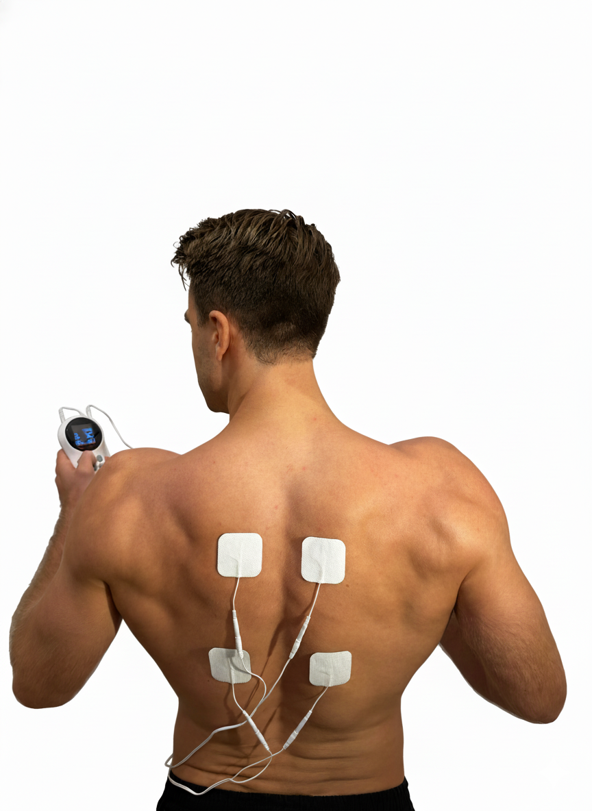 Mand bruger TENS- og EMS-apparat med elektrodepadder placeret på øvre og nedre ryg til smertelindring og muskelstimulering.