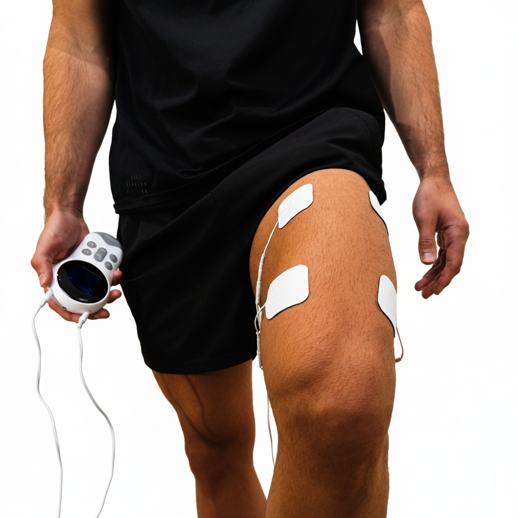 Mand bruger Jumper Vitality TENS apparat med elektrodepadder placeret på låret til smertelindring og muskelstimulering.